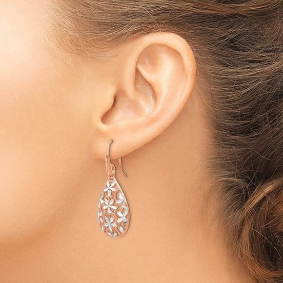 Floral Filigree Teardrop Dangle Rose Gold Tone Plated Silver Earrings - Picture 3 of 5